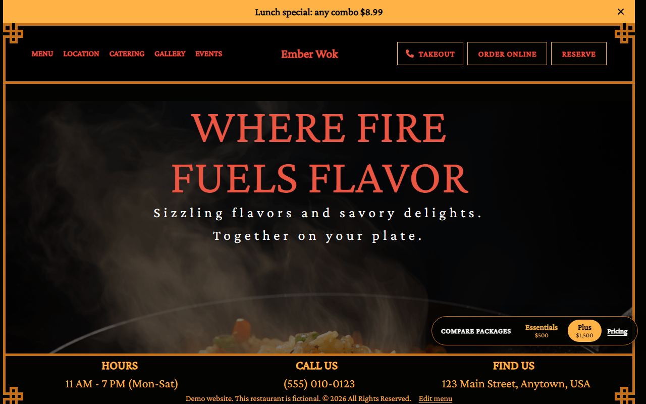 The Ember Wok demo restaurant website, Plus package
